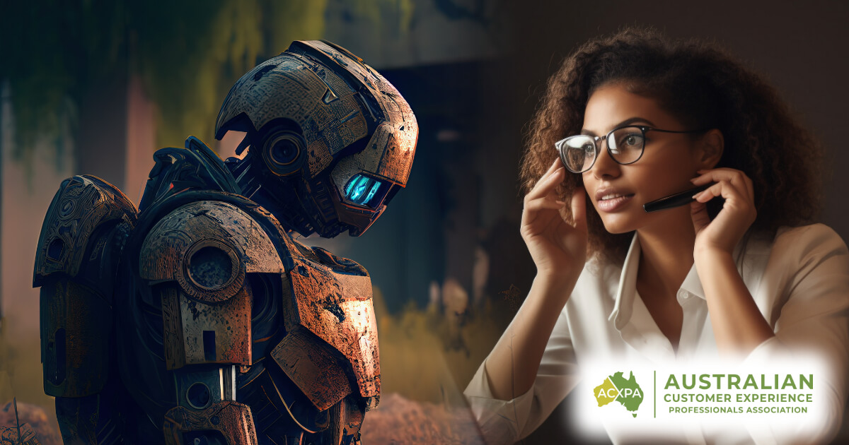 A sad robot with a human call centre worker showing empathy